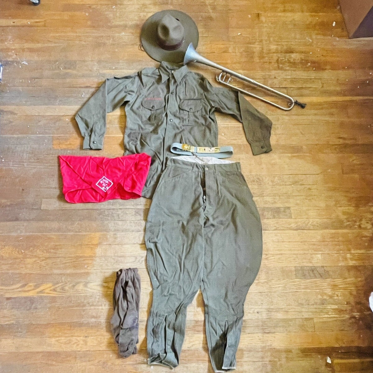 Vintage 1930s Boy Scout Uniform Scout Master Hat Bugle Socks Belt 