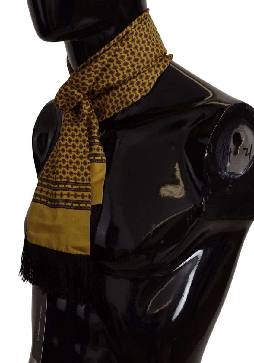 DOLCE & GABBANA Yellow Patterned Silk Neck Wrap Fringe Scarf 140cm
