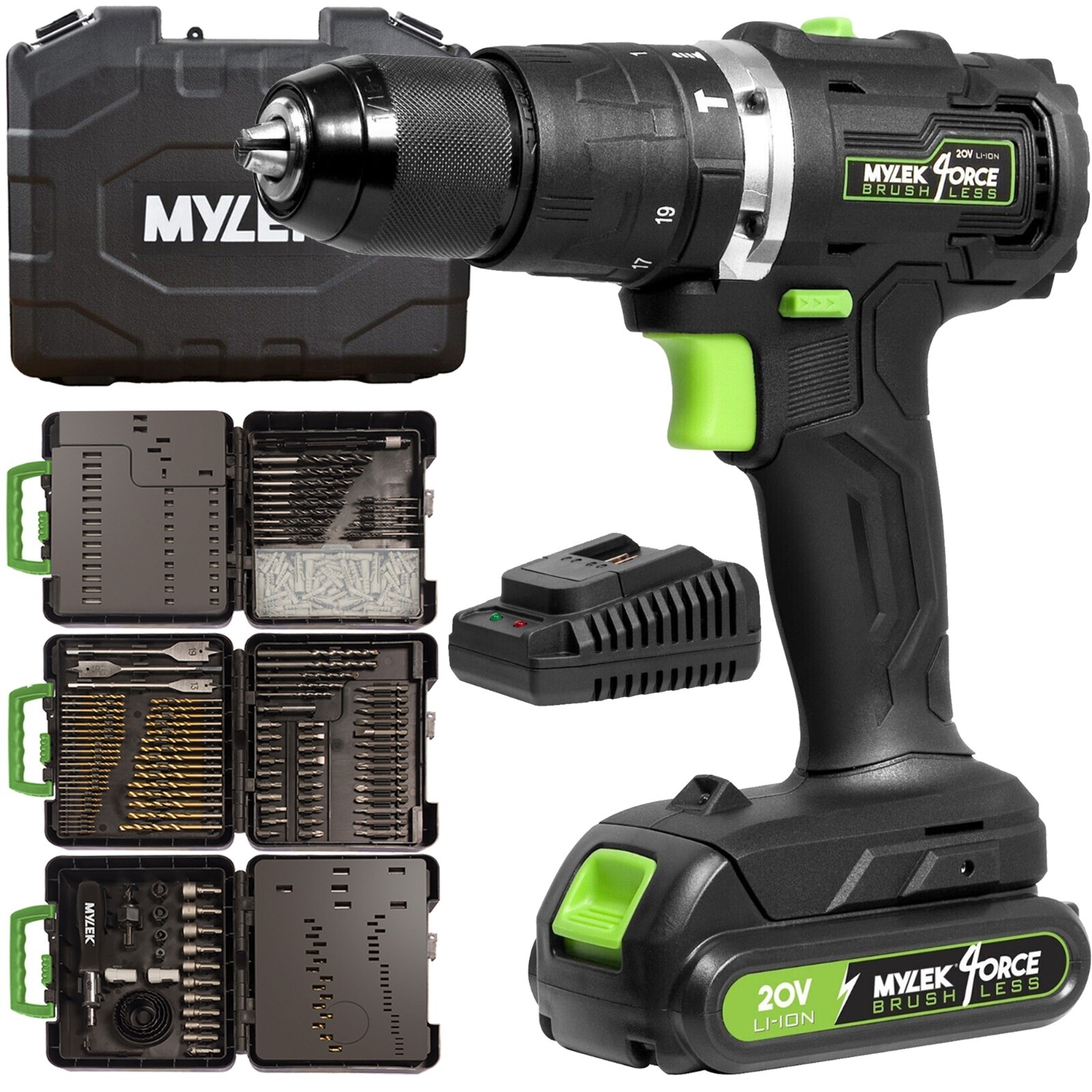 Mylek Cordless Hammer Drill 20V Brushless Motor Li-Ion Battery DIY 204 Piece Set