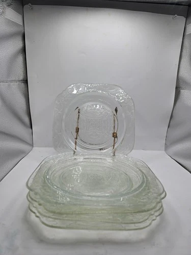 5 Clear Depression Glass Square Plates Madrid Pattern Federal Glass styled 7.5''