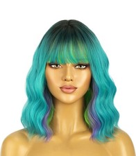 Mermaid Ombre Wig  Blue, Green, Purple  Wavy Bob With Bangs