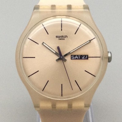 Swatch Rose Rebel Unisex Watch 41mm Rose Gold Tone Day Date SUOT700 New Battery