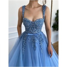 Blue V-Neck Beaded A-line Wedding Dress Lace Embroidery Sleeveless Prom Gown