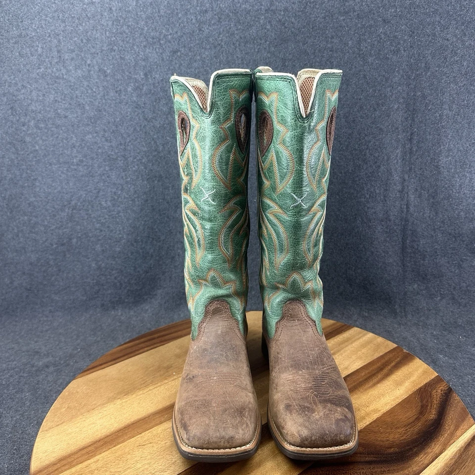 Twisted X Leather Brown/Green Tall Leather Sq Toe Boots YBK0005 Boys 1.5 - Image 4 of 4