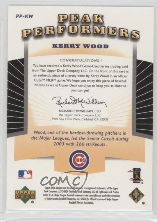 2004 Upper Deck Peak Performers Jerseys Gold /165 Kerry Wood #PP-KW - Image 2 of 2