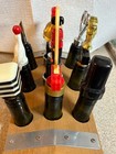 Lot of Nine Liquor Bottle Pourers w/ Glass Bottle Holders in Wooden Display Base — photo 6