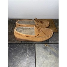 Minnetonka Mens Tan Leather Faux Fur Lined Moccasin Slippers 41321 Size 10M