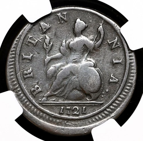 GREAT BRITAIN. George I, Copper "Dump" Halfpenny, 1721, NGC Fine Details