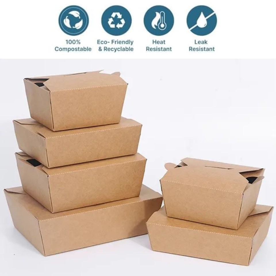 Biodegradable Kraft Food Box – Folding Lid, 750ml, For Takeaway Noodles, Rice, Pasta