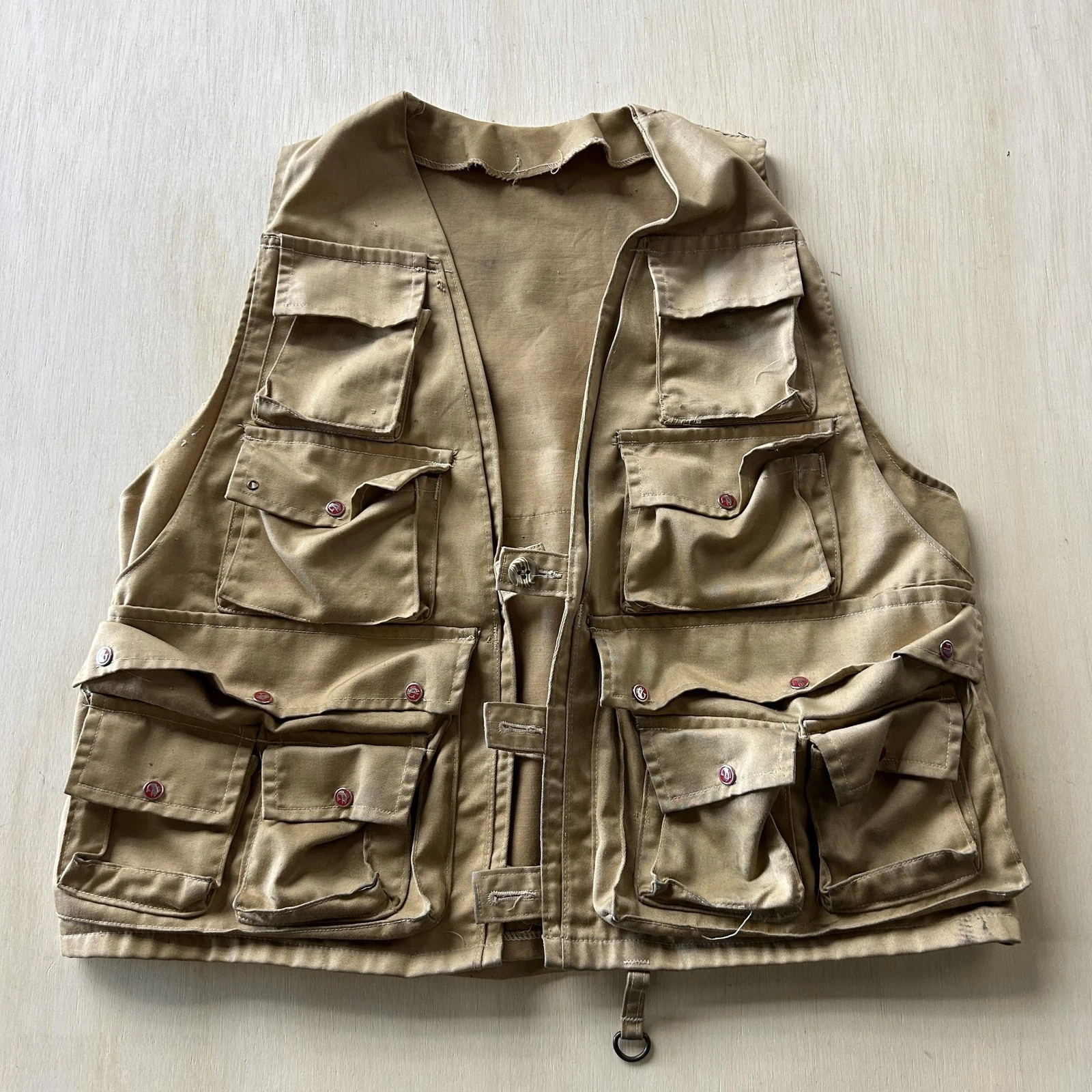 Vintage Canvas Utility Vest Mens Large Beige Multi Pocket Hunting Fishing