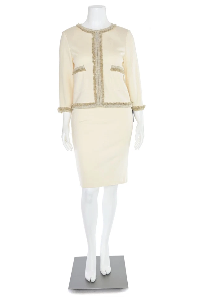 Traje chaqueta y falda punto Milano con flecos St. John Knits 2 piezas en crema/bronceado talla 12/8 Foto 3 de 4