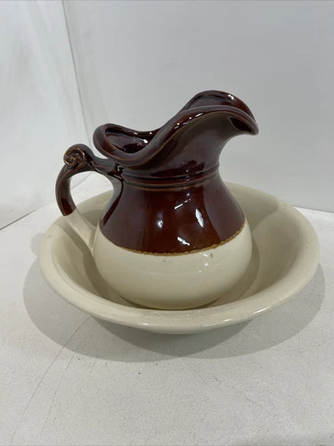 Vintage MCCOY Art Pottery 7515 PITCHER & BASIN Bowl Cream Brown