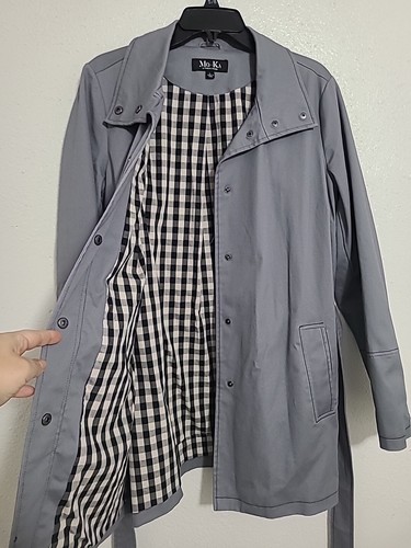 Mo-Ka Coat Trench Gray Jacket Long Sleeve Belted Outercoat Large - Picture 8 of 10