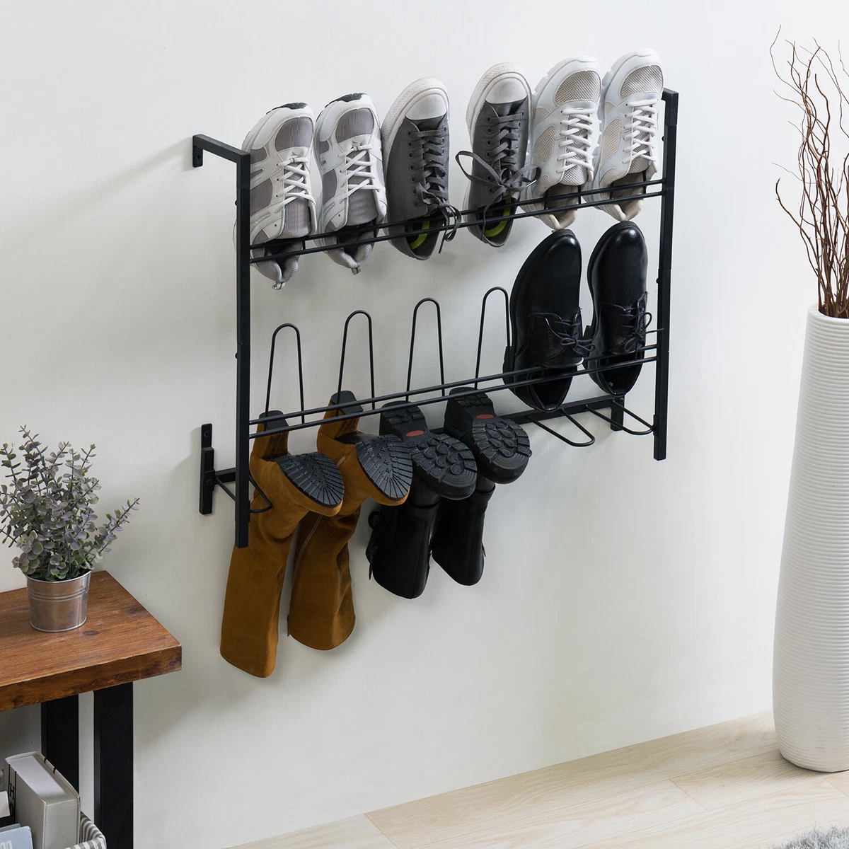 MyGift Wall Mounted White Metal Shoe Rack Organizer for Boots, Slippers,  Sneakers, Wall Hanging Vertical Heavy Duty Shoe Storage Display Rack, Holds