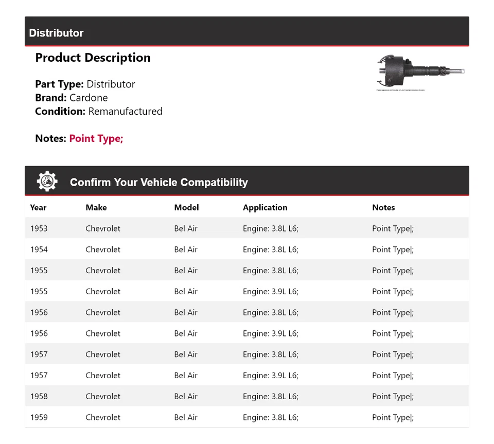 Para Chevrolet Bel Air 1953-1959 Distribuidor Cardone 1954 1955 1956 1957 1958 Foto 2 de 4