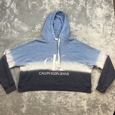 Calvin Klein Jeans Sweatshirt Womens Size XL Blue Tie Dye Cropped Hoodie