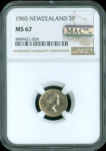 1965 New Zealand Threepence 3P NGC MS67 Quality