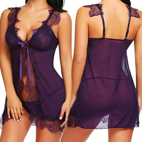 Lot Women Sexy Lingerie Dress G-string Underwear Purple Babydoll Nightwear Set