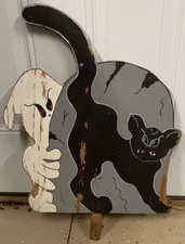 VTG Hand Made Wooden Halloween Ghost Black Cat & Tombstone Yard Decor  Folk Art