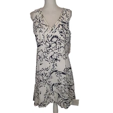 Ivanka Trump Dress Size 14 White Navy Blue V Neck Sleeveless cotton blend studs