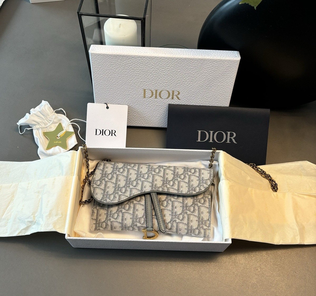 Dior Long Saddle Wallet With Chain Gray Oblique Jacquard Dior Long Saddle Wallet With Chain Gray Oblique Jacquard
