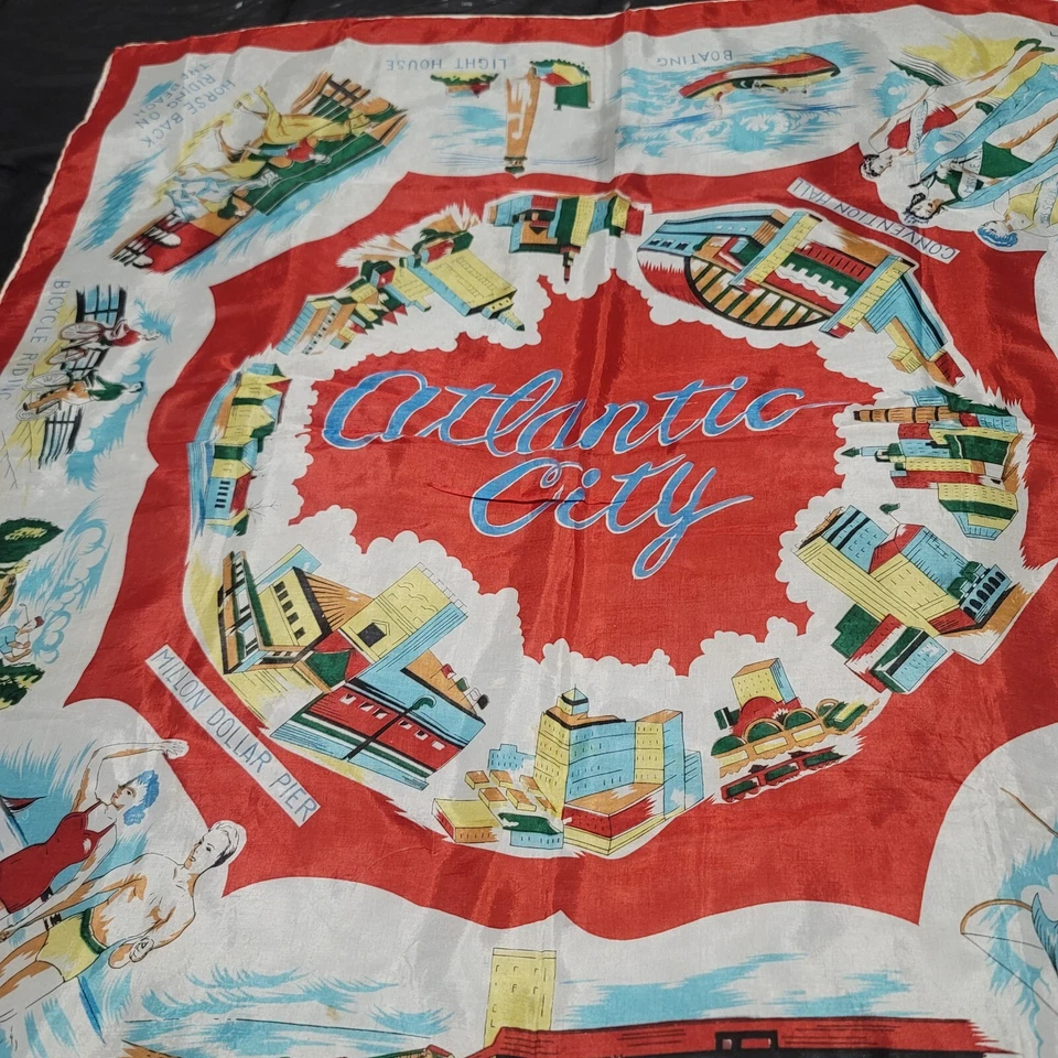 Bufanda De Colección Atlantic City Mapa Souvenir Appx 30" x 30" Rayón Enrollado a Mano Foto 2 de 4