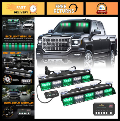 2x 17'' Green White Emergency LED Lights for Vehicles - Strobe Safety Warning for