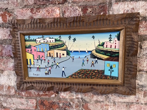 Vintage Murat St. Vil, Haitian Seaside, Acrylic Board, signed, handcarved frame