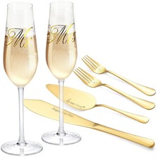 Wedding Cake Knife And Server Set, Mr and Mrs Champagne Flute Glasses With Ca...