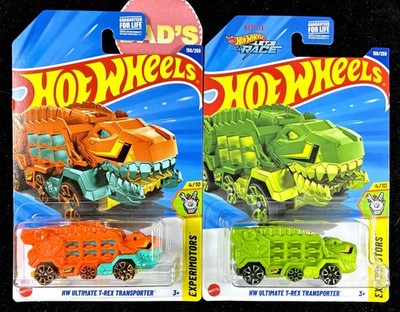 Hot Wheels 2025 Ultimate T-Rex Dinosaur Transporter, Orange/Green RAWR 2pcs