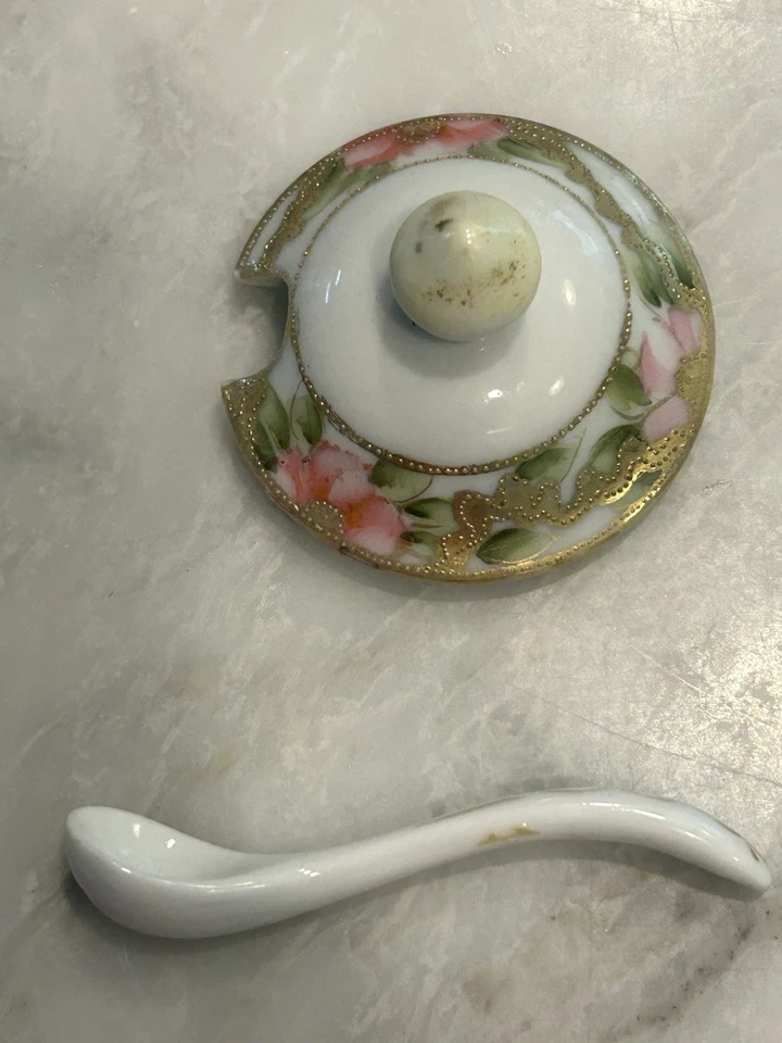 NORITAKE GREEN "M" Nippon Covered Sugar Bowl W/Attached Under plate, Lid, Spoon - Image 3 of 4