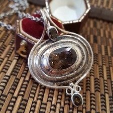 Vintage Sterling Silver Necklace, Genuine Smoky Quartz Pendant, Statement, 24" 