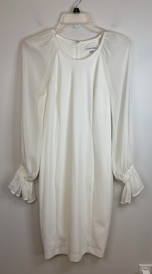 CALVIN KLEIN White Chiffon Sheer Bell Sleeve Sheath Dress Women 6 Lined Cocktail