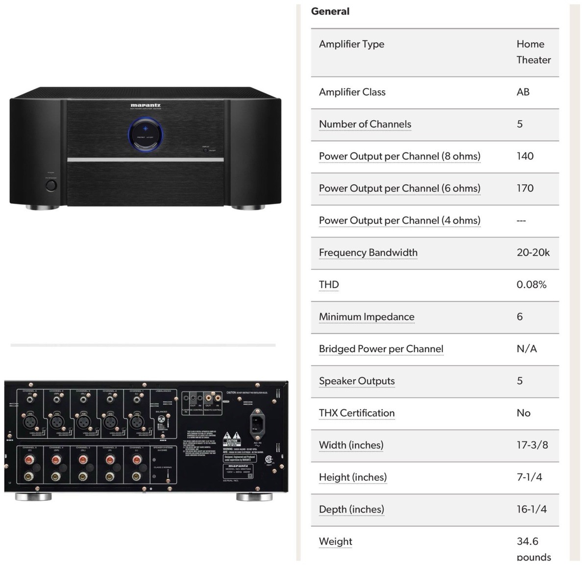 Marantz MM7055 5 Channel Power Amplifier - Black for sale online