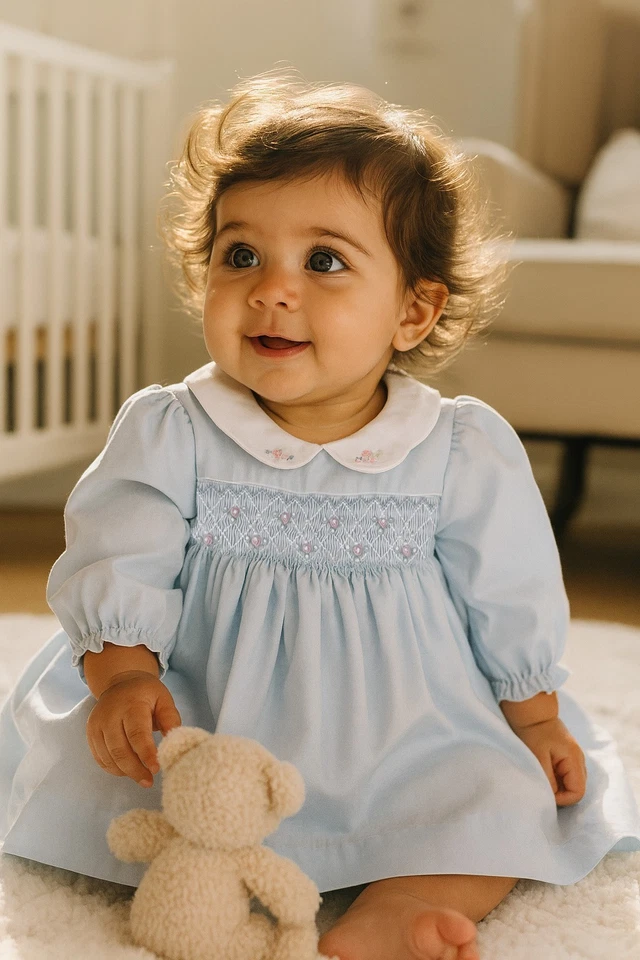 NWT Petit Ami Blue Smocked Bishop Baby 2pc Dress 6 Months 6M Girls Long Sleeve - Image 2 of 4