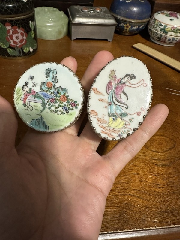 2 Vintage Chinese Export Japanese Porcelain Metal Trinket Jewelry Box