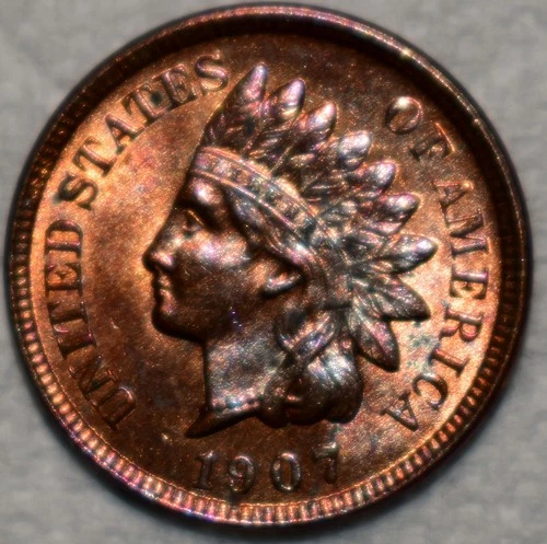 Brilliant Uncirculated 1907 Indian Head Cent, Cartwheeling, Red-Brown Blazer.