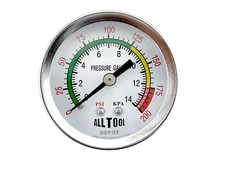 Air Pressure Gauge 2" Dial Center Back Mount 1/4"NPT - 0 to 200PSI Color Coded