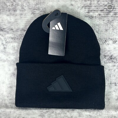 NWT Adidas Men's Postseason Fold Beanie Black & Black - Rubberized Logo #IV2998