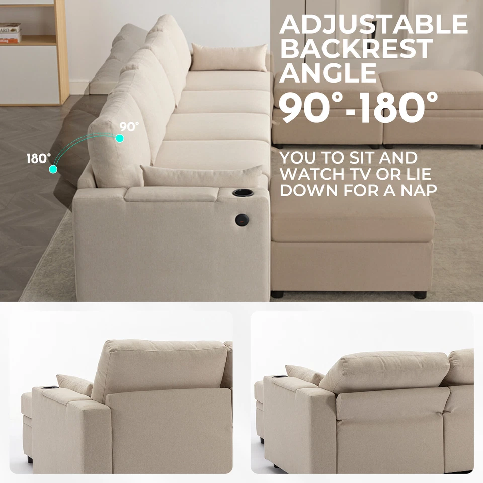 8 Modular Sectional U Shape Couch w/Storage USB Port Cup Holder Reversible Chais - Image 3 of 4