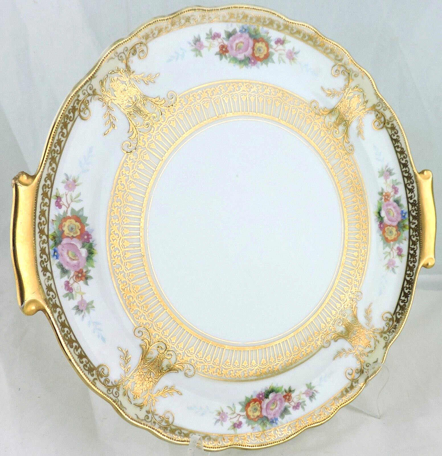 ANTIQUE HANDLED CAKE OR DECORATIVE PLATE RAISED GOLD SCROLL FLOWER BOUQUET