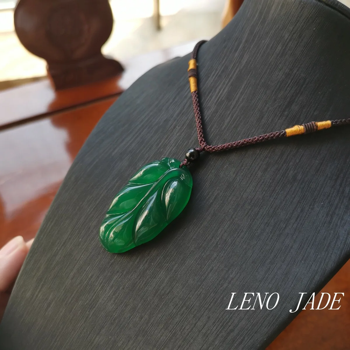 Chinese Untreated Natural Icy Green Jade Leaf Pendant