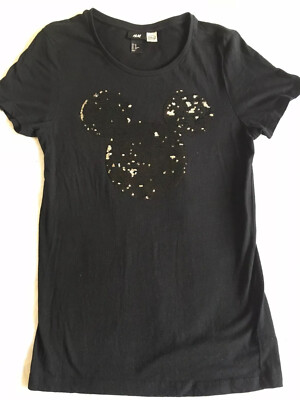 H&M size XS Black Sequin Mickey Mouse Disney T-shirt round