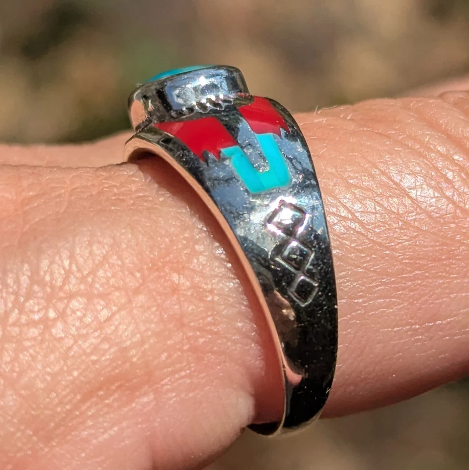 Anillo de plata esterlina talla 6,5, 8,5 suroeste hecho a mano turquesa y coral rojo Foto 3 de 4