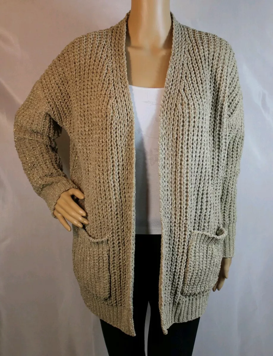 Forever21 Tan Gold Long Cardigan Sweater w Pockets. Soft and Fluffy. Sz Small