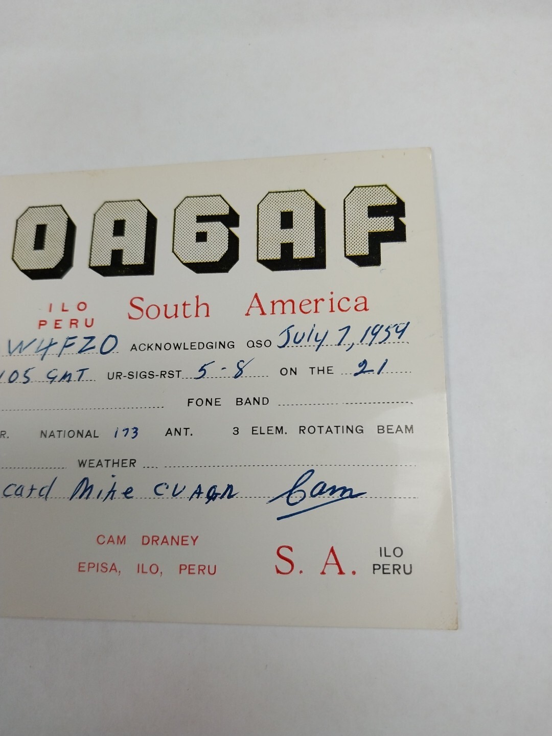 Peru QSL Radio Card 1954 Ilo Cam Draney