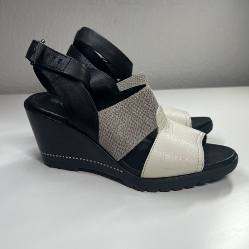 Sorel After Hours Sandal Comfy Wedge in Black White Grey Leather 7.5