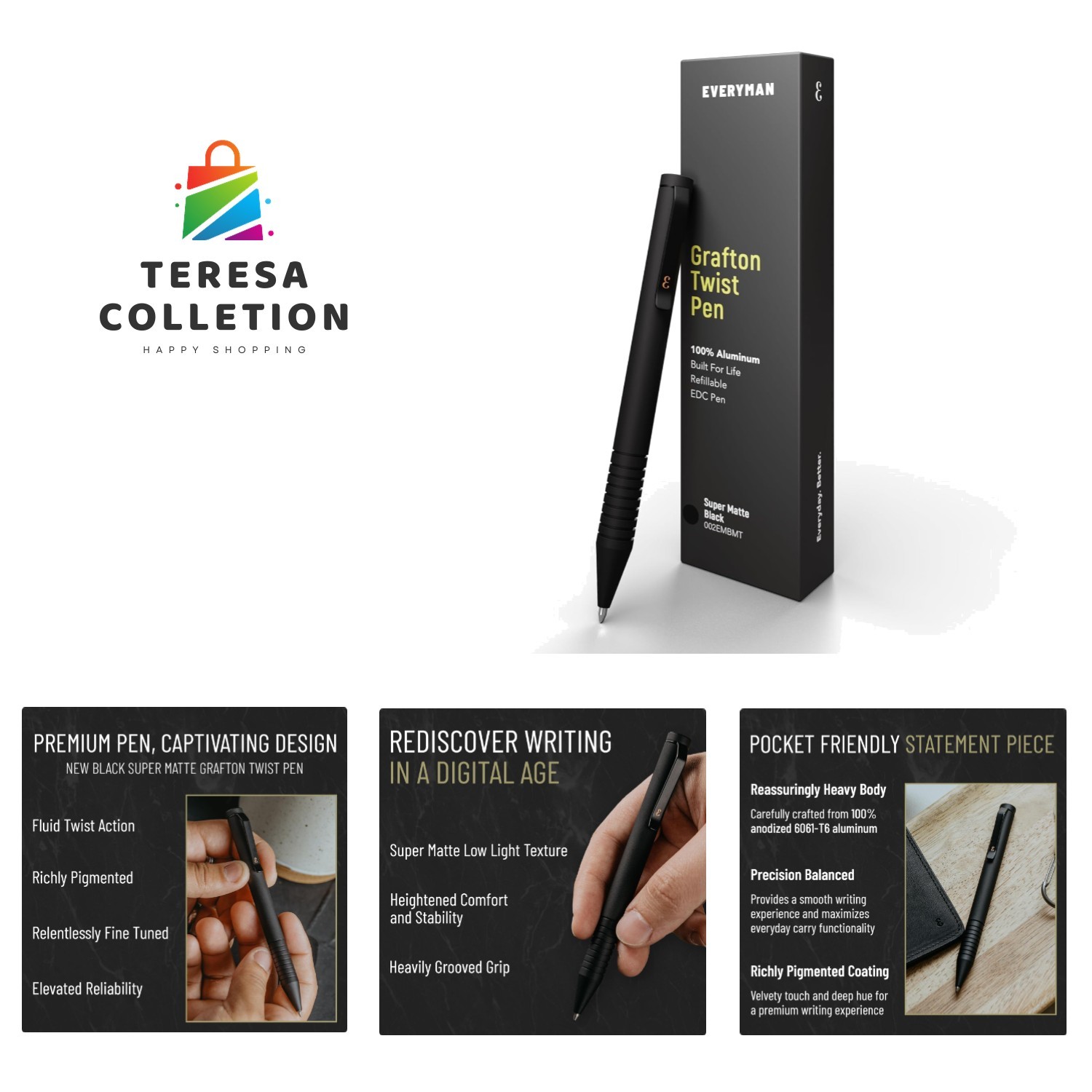 Super Matte Mini Twist Pen &ndash; Black | Compact Refillable 0.7mm Ballpoint Pen w...