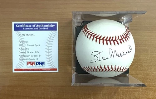 Stan Musial Autographed Baseball PSA DNA, Overall Grade 8.5
