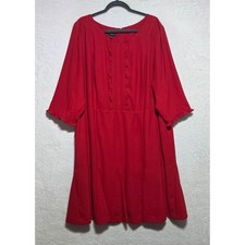 Talbots Woman Red Ruffle Bib Fit & Flare Dress 20W Plus Size 3/4 Sleeve Pleated